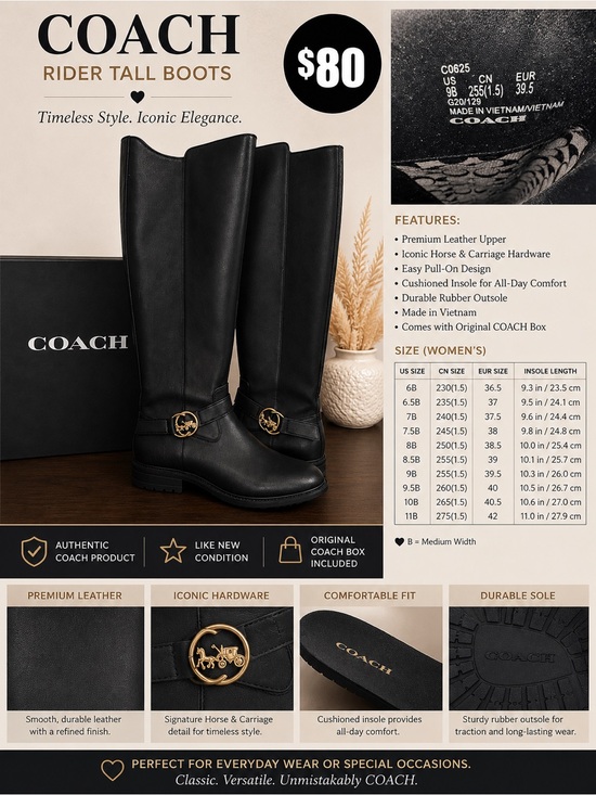 Coach Shoes - COACH Black Rider Over-the-Knee Leather Boots with Gold Hardware
